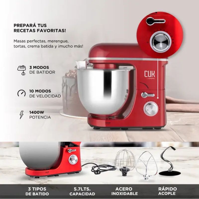 Batidora Planetaria 5.7Lt Acero-1400w-10vel - Roja X Unid. - Cuk - Gadnic Cuk - Gadnic - 1